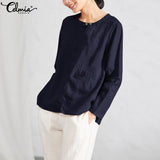 Celmia Plus Size Tops Women Retro Linen Blouses 2019 Spring Autumn Long Sleeve Shirts Button Casual Loose Split Blusas Mujer 5XL